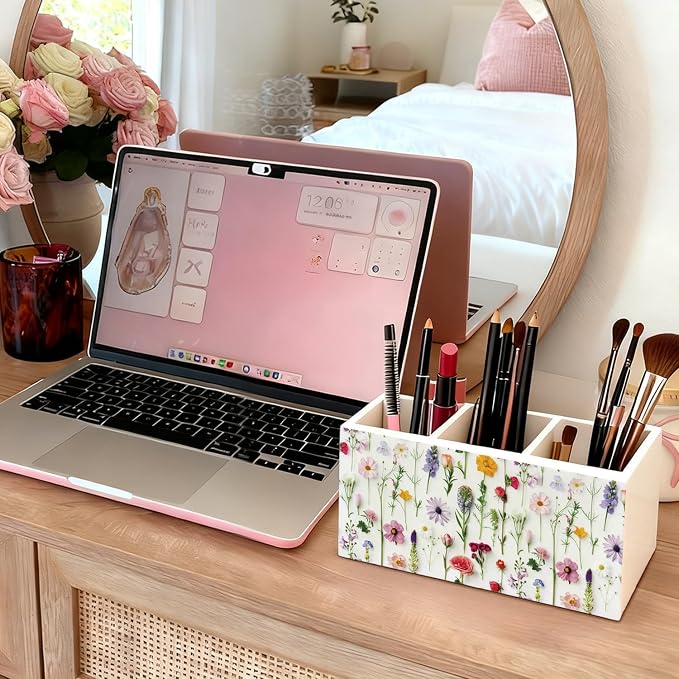 Floral Pen Pencil Holder for Desk Accessories, Cottagecore Colorful Wildflower Botanical Wooden Box Sign Decorations for Girls Room Bedroom Dorm Home Office Desk Tabletop