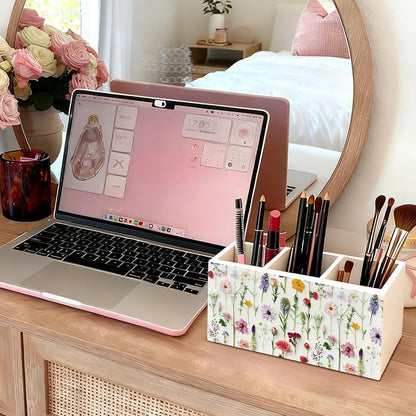 Floral Pen Pencil Holder for Desk Accessories, Cottagecore Colorful Wildflower Botanical Wooden Box Sign Decorations for Girls Room Bedroom Dorm Home Office Desk Tabletop