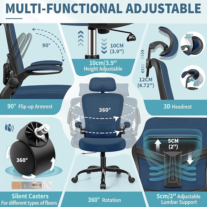 FelixKing Office Chair, Desk Chair with Adjustable Lumbar Support, Ergonomic Computer Chair with High Back and Armrest, Adjustable Height Gaming Chair Home Office Swivel Chair(Navy)