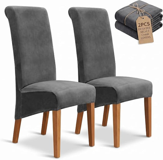 Deisy Dee Stretch XL/Oversized Extra Large Velvet Dining Room Chair Covers for Kitchen Dining，Removable Washable Chair Protectors Slipcovers (Grey, 2)