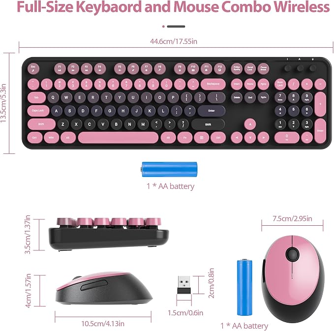 Wireless Keyboard and Mouse Set, Retro Typewriter, 2.4GHz Full Size 104-Key Cute Keyboard with Number Pad, Colorful with Round Keycaps for Windows PC Laptop(Berry Powder)