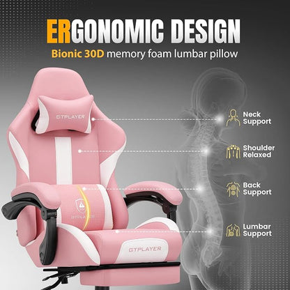 GTPLAYER Gaming Chair with Pocket Spring Cushion, Leather Office Chair with Ergonomic High Back & Lumbar Support for Back Pain Relief, Computer Game Chair for Adults, Pink