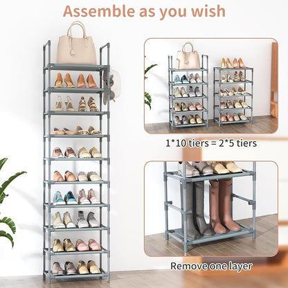 LANTEFUL 10 Tiers Tall Shoe Rack 20-25 Pairs Boots Organizer Storage Sturdy Narrow Shoe Shelf for Entryway, Closets with Hooks, Grey