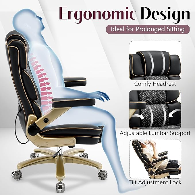 Big and Tall Office Chair 500lbs, Heavy Duty Leather Chair with 5D Armrests Comfortable Seat, High Back Executive Office Chair with Adjustable Lumbar, Large Computer Chair for Home Office, Black