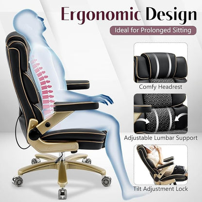 Big and Tall Office Chair 500lbs, Heavy Duty Leather Chair with 5D Armrests Comfortable Seat, High Back Executive Office Chair with Adjustable Lumbar, Large Computer Chair for Home Office, Black