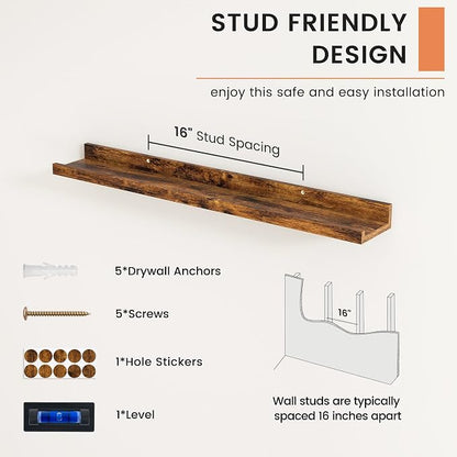 FLYJOE Picture Ledge Shelf, Floating Shelves Set of 2, 32 Inches Nursery Book Shelves for Toys Storage, Kids Bookshelf Wall Mounted for Living Room Bedroom Decor Books Photo Frames, Rustic Brown