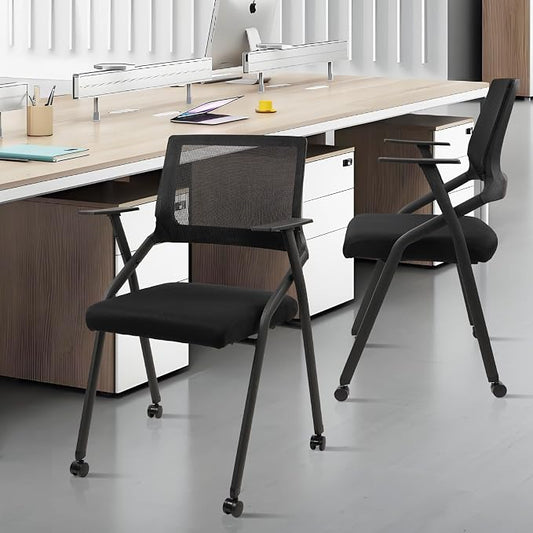 CLATINA Stackable Foldable Conference Room Chairs with Wheels, Portable Padded Office Desk Chair with Lumbar Support and Armrest for Training Room, Guest, Reception, Event, Black (4pk)