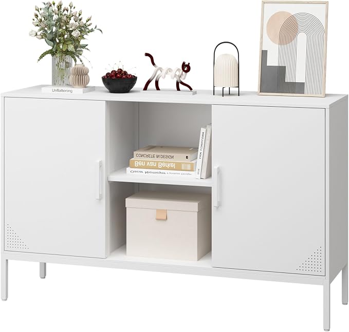 STEEHOOM TV Stand with Door and Adjustable Shelves, Buffet Sideboard Cabinet, Coffee Bar Metal Locker Pantry with 2 Shelves for Office, Home, Kitchen, Living Room (White, 47.24"D x 13.78"W x 29.53"H)