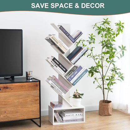 Yoobure Tree Bookshelf, 6 Tier Small Book Shelf Retro Floor Standing Bookcase, Wood Book Storage Organizer Rack, Tall Narrow Bookshelves for Corner/Bedroom/Living Room/Home Office, White