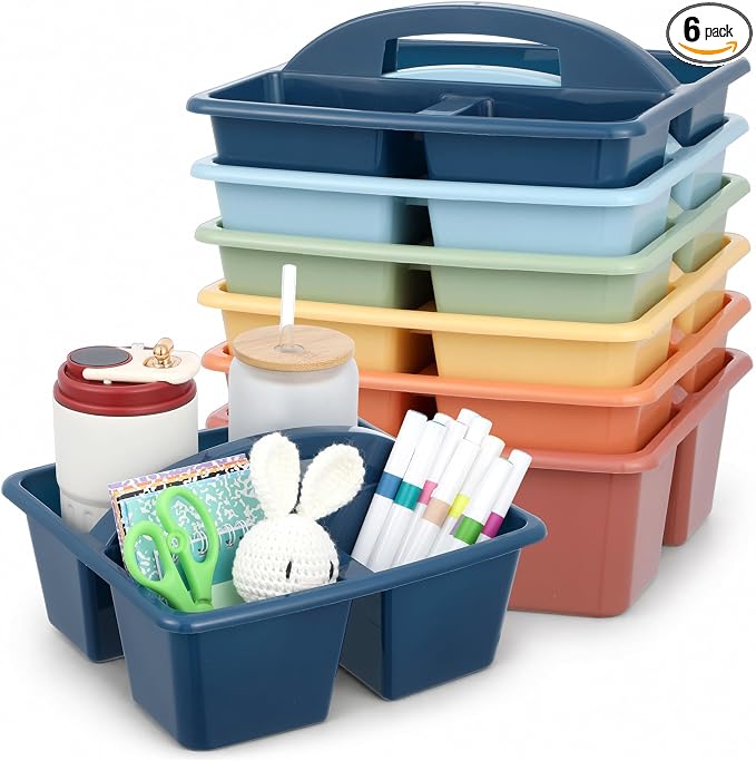 6 Pack 3 Compartment Small Caddy Plastic Classroom Organizer with Handle Portable Teacher Supply Storage Caddy Craft Art Caddies for Pencil, Crayon, Marker, Home, Office, School Supplies(Boho Earthy)