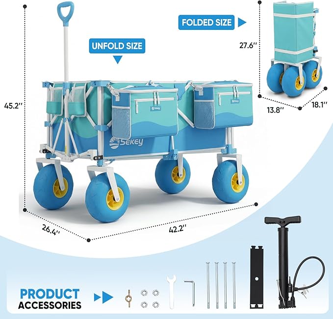 Sekey Heavy Duty Beach Wagon with 9" Big Sand-Proof Wheels, 300L Oversized Foldable Beach Cart with Cooler| Adjustable Handle & Balloon Tires for Sand, Camping,Vacation