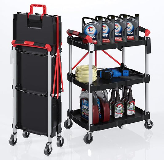 Foldable Utility Service Cart, 3 Tier Folding Service Cart Collapsible with 360° Swivel Wheels, 200 LBS Heavy Duty Plastic Rolling Tool Cart Portable for Warehouse Garage Workshop Office