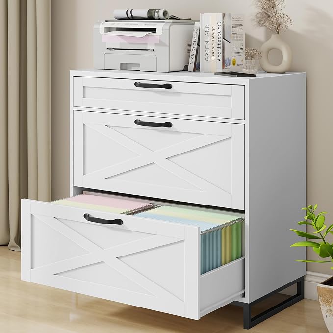Farmhouse Lateral File Cabinet, Modern Farmhouse Filing Cabinet with 3 Drawers for Letter/Legal/A4 Size Hanging Files, File Storage Cabinet for Home Office, Printer Stand with Storage, Office White