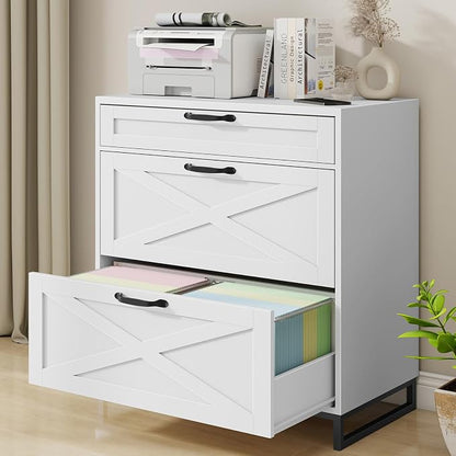 Farmhouse Lateral File Cabinet, Modern Farmhouse Filing Cabinet with 3 Drawers for Letter/Legal/A4 Size Hanging Files, File Storage Cabinet for Home Office, Printer Stand with Storage, Office White