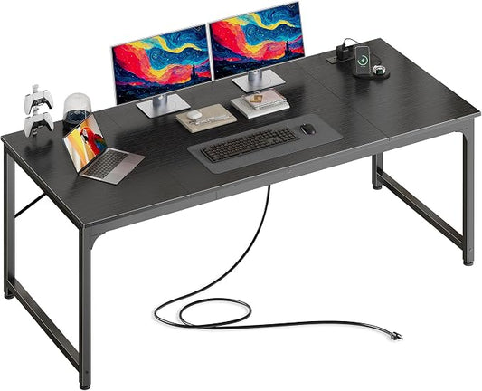 PRAISUN 63 X 30 Inch Computer Desk with Power Outlets & USB-C Port,Larger and Longer Office Desk with Deeper Desktop, Study, Bedroom, Writing Work from Home Table, Metal Frame, Black