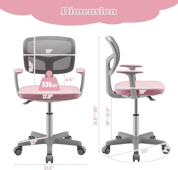 Giantex Kids Desk Chair, Ergonomic Adjustable Teen Task Chair w/Y-Shaped Lumbar Support, Armrest & Universal Wheels, Mesh Kid Office Chair for Sturdy, Kids Computer Chair for Boys & Girls 4-12, Pink