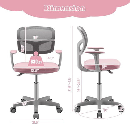 Giantex Kids Desk Chair, Ergonomic Adjustable Teen Task Chair w/Y-Shaped Lumbar Support, Armrest & Universal Wheels, Mesh Kid Office Chair for Sturdy, Kids Computer Chair for Boys & Girls 4-12, Pink