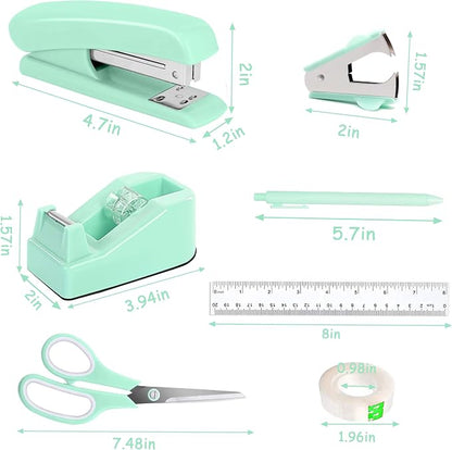 Dimonluce Green Office Supplies, Teal Desk Accessories Accessories with Tape Dispenser, Stapler, Staple Remover, 1000 Staples, Tape, Clips Set, Ruler, Scissor, Pen