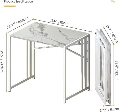 Lutown-Teen 32 inch Folding Small Desk, Writing Gaming Computer Camping Desk for Small Spaces, No Assembly Required Home Office Desk, White Marble