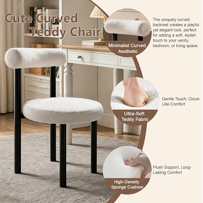 Cute Small Armless Desk Chair, Ergonomic Comfy Vanity Chairs Lumbar Support with Back for Makeup, Teddy Fabric Computer Desk Chair for Home, Bedroom, Vanity, Teens, Adults