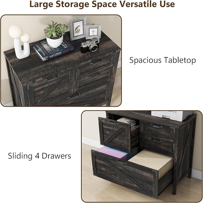 Halitaa Lateral File Cabinet with 4 Drawers Farmhouse File Cabinet for Letter/Legal/A4 Size Hanging Files, Large Wood File Storage Cabinets Printer Stand for Home Office Cabinet, Dark Rustic Oak