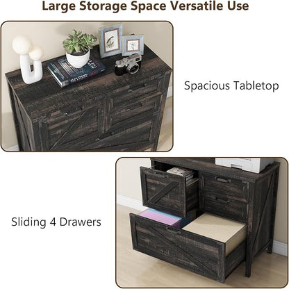 Halitaa Lateral File Cabinet with 4 Drawers Farmhouse File Cabinet for Letter/Legal/A4 Size Hanging Files, Large Wood File Storage Cabinets Printer Stand for Home Office Cabinet, Dark Rustic Oak