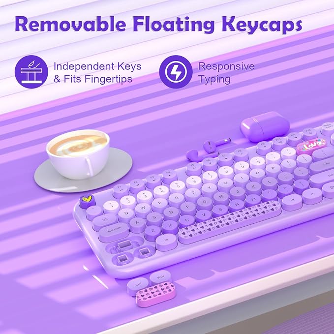Wireless Keyboard and Mouse Combo, 104 Keys Cute Colorful Keyboard and Mouse with Retro Typewriter for PC/Mac/Laptop/Tablet/Computer/Windows Microsoft, Purple