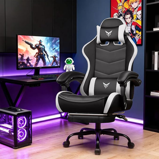 GTPLAYER Gaming Chair for Adults, Big and Tall 300LBS Heavy Duty Office Chair with Footrest, Ergonomic High Back Lumbar Support and Wide Comfy Cushion with Linkage Armrests for Home Office, White
