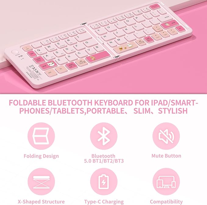 Foldable Bluetooth Keyboard with UV Printing Technology Rechargeable Keyboards,Compact Wireless Travel Keyboards for iPad, Smartphone, Tablet and Laptop - Z1 Pink Colorful
