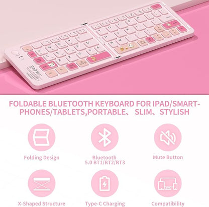 Foldable Bluetooth Keyboard with UV Printing Technology Rechargeable Keyboards,Compact Wireless Travel Keyboards for iPad, Smartphone, Tablet and Laptop - Z1 Pink Colorful