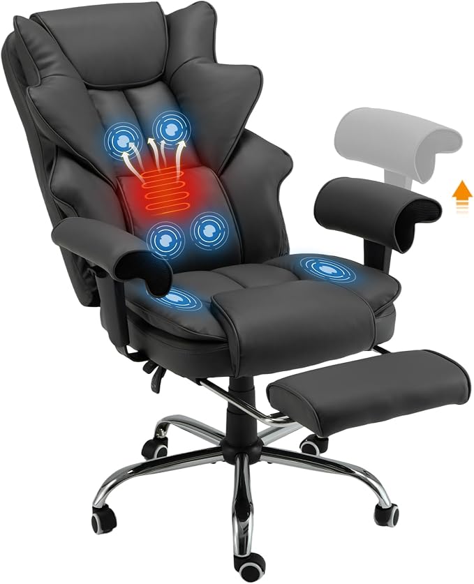 HOMREST Ergonomic Executive Chair with 6-Point Vibration & Heat, Reclining PU Leather Big & Tall Desk Chair, Retractable Footrest & Adjustable Armrest for Home Office Gaming Study, Black
