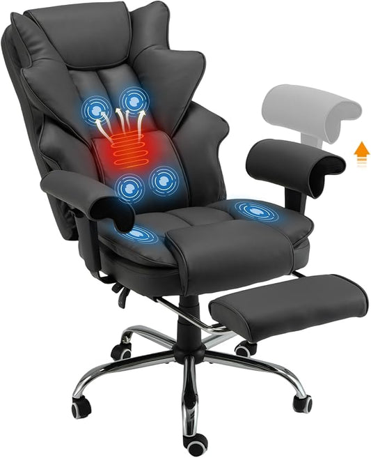 HOMREST Ergonomic Executive Chair with 6-Point Vibration & Heat, Reclining PU Leather Big & Tall Desk Chair, Retractable Footrest & Adjustable Armrest for Home Office Gaming Study, Black