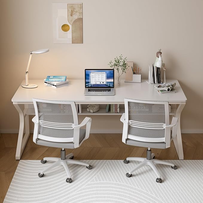 OSCHF Extra Long Desk with Bookshelf - 63" Double Long Writing Table for 2-Person Workstation, Modern Study Work Computer Desk for Home and Office, Warm White