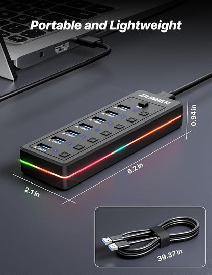RGB USB Hub,7 Port USB Splitter Data Transfer for Gaming,Home,Office,School | USB 3.0 Hub with RGB LED Strip - Individual LED On/Off Switches for Laptop, PC, Mouse, Keyboard, Hard Drive