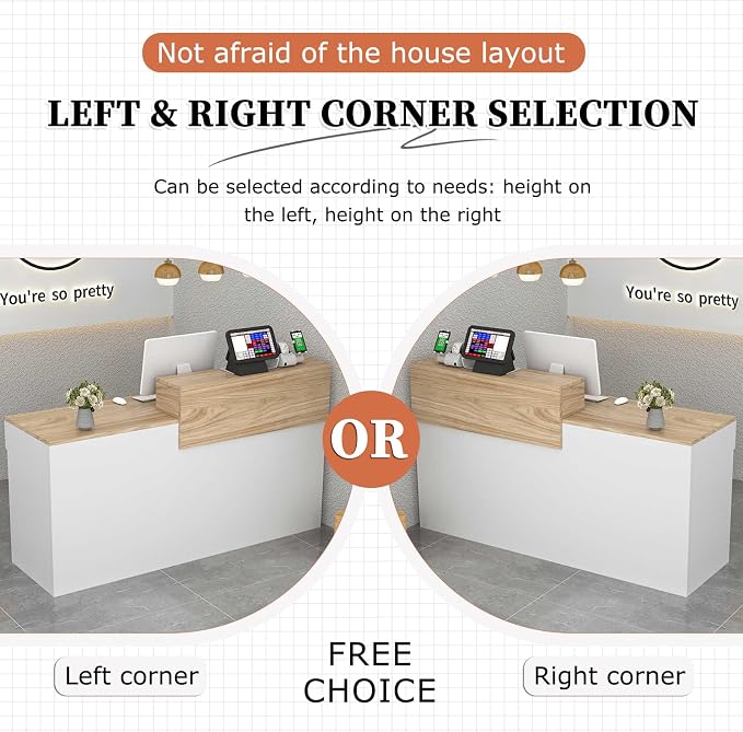 Modern Reception Desk with Drawer & Open Shelves, 39-95 Inch Front Counter Table, Computer Workstation Suitable for Salons, Offices, Lobbies, Retail Stores and Home Offices