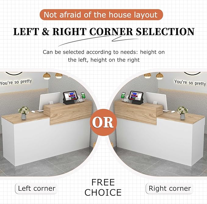 Modern Reception Desk with Drawer & Open Shelves, 39-95 Inch Front Counter Table, Computer Workstation Suitable for Salons, Offices, Lobbies, Retail Stores and Home Offices