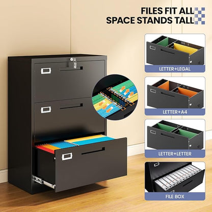 Metal Lateral 3 Drawer File Cabinet, Wide Filing Cabinet with Lock for Home Office Organization Hanging Files Letter/Legal/F4/A4 Size (Black, Assembly Required)