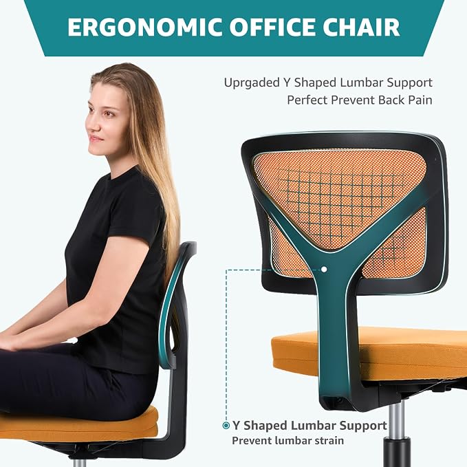 OLIXIS Ergonomic Armless Office Desk Chair with Wheels, Mesh Back, Removable Washable Foam Cushion, Height Adjustable Rolling Swivel Chairs for Small Space, Home, Office, Dark Orange