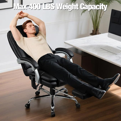 Massage Office Chair with Foot Rest - Ergonomic Executive Chair, High Back Reclining Leather Desk Chair with 135° Recline, 400 LBS, 6-Point Vibration and Heat, Classic
