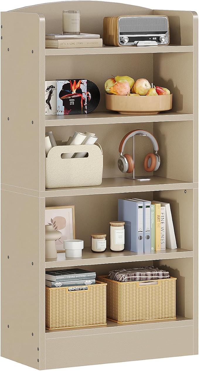 ALISENED 5-Tier Bookcase, Open Bookshelves and Bookcases with Storage Shelves, Floor Standing Unit, Display Storage Shelves for Bedroom Library Living Room Home Office, Khaki