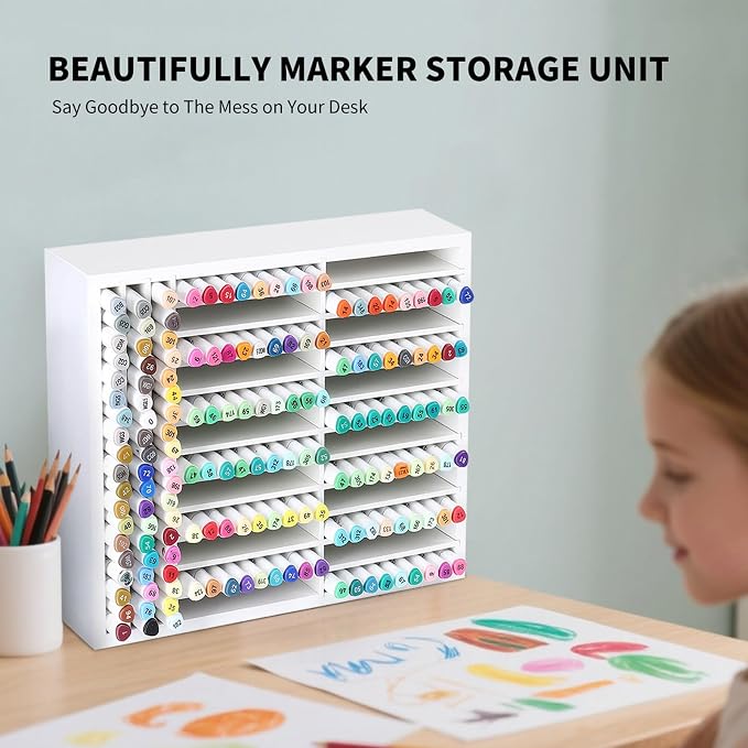 AUTOARK Wooden Marker Storage Organizer,White,AHK-066 | Holds 270 Markers,Pens,Pencils & Art Supplies,Vertical Space-Saving Desk Storage