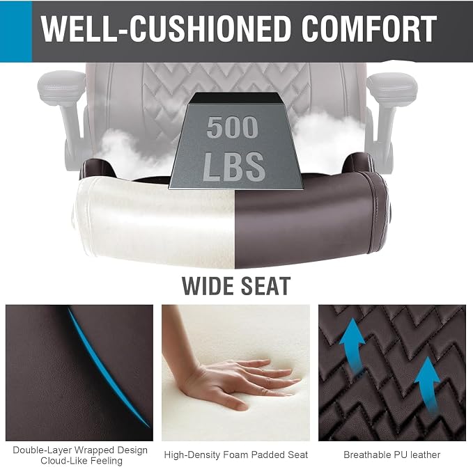 Flysky Executive Ergonomic Office Chair - Big and Tall Office Chair for Heavy People, PU Leather, Lumbar Support, Flip-up Armrest, High Back, Height Adjustable, Brown