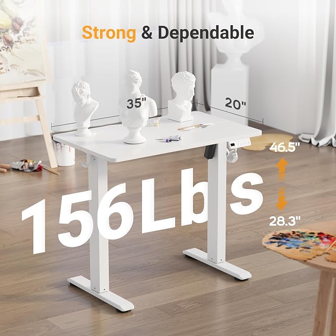 YDN 35" Small Electric Standing Desk Adjustable Height, Sit Stand up Desk with Memory Presets & Cable Management, Home Office Desk for Office & Computer Workstation, White Frame/White Top