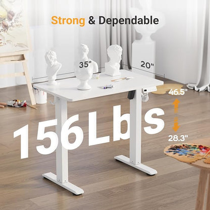 YDN 35" Small Electric Standing Desk Adjustable Height, Sit Stand up Desk with Memory Presets & Cable Management, Home Office Desk for Office & Computer Workstation, White Frame/White Top