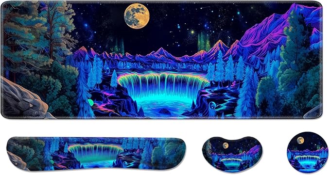 Desk Pad and Keyboard Wrist Rest, Large Mouse Pad + Keyboard Pad+Mouse Wrist Support, Non-Slip Desk Mat Protector for Office, Home 31.5×11.8 Inches Waterfall