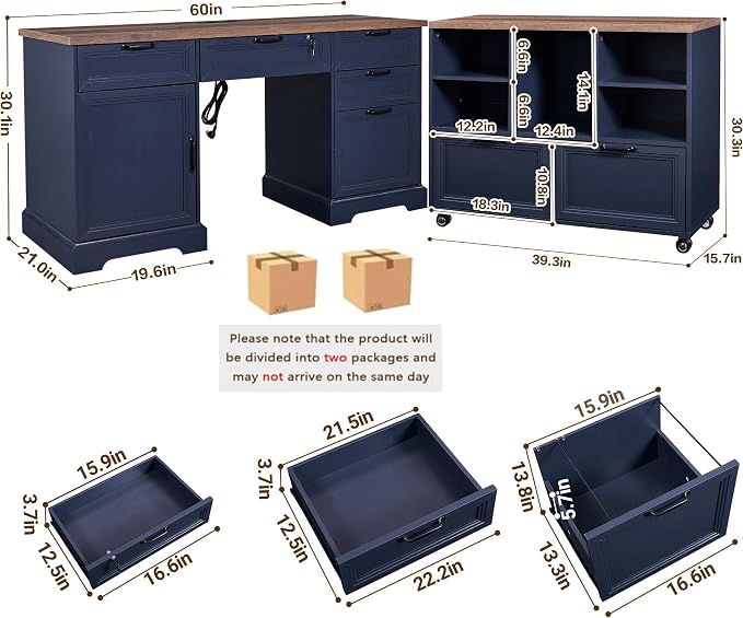 60" Farmhouse Executive Desk with 40" Mobile File Cabinet,L Shaped Desk Set with Charging Station,Office Desk with Storage Drawers,Wood Computer Desk Set for Office Work,Home Study