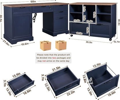 60" Farmhouse Executive Desk with 40" Mobile File Cabinet,L Shaped Desk Set with Charging Station,Office Desk with Storage Drawers,Wood Computer Desk Set for Office Work,Home Study