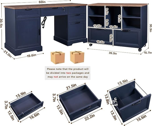 60" Farmhouse Executive Desk with 40" Mobile File Cabinet,L Shaped Desk Set with Charging Station,Office Desk with Storage Drawers,Wood Computer Desk Set for Office Work,Home Study