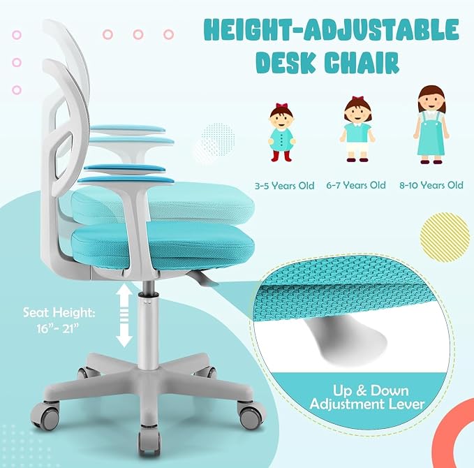 Kids Desk Chair, Height Adjustable Children Study Chair w/Lumbar Support, Swivel Mesh Seat, Universal Casters, Ergonomic Kids Task Chair for Boys Girls Aged 3-10, Home, School, Office (Green)