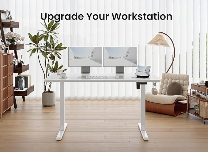 BANTI 55 × 24 Inches Standing Desk, Ergonomic, Electric Height Adjustable, Sit and Stand Up, Computer Office Desk with Splice Board, White Frame/White Top
